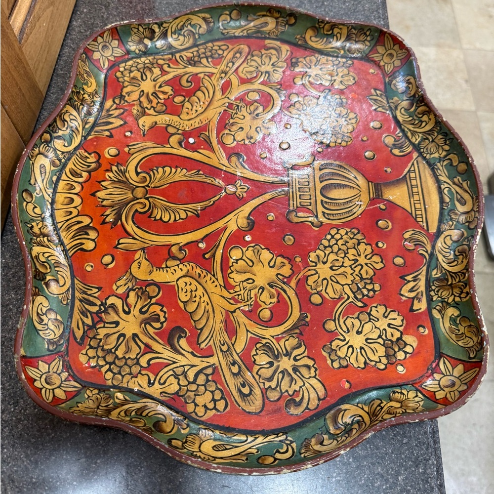 Decorative Red & Gold Scalloped Floral Tray